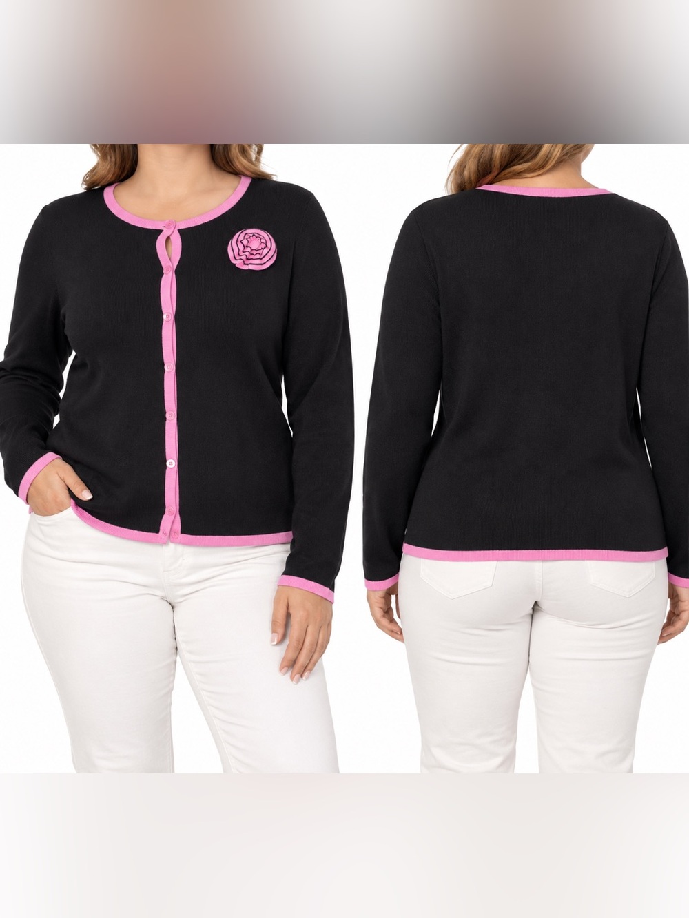 Sag Harbor Black Cardigan with Pink Trim and Rosette Accent